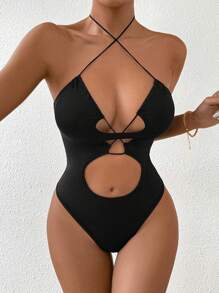 Allurite Bộ đồ liền thân gợi cảm với dây đeo chéo và dây rút - màu đen - Xem 5