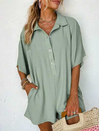 Astylish 女士纯色半袖纽扣领宽松超大短裤连体衣带口袋夏季服装