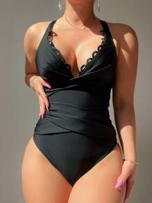 SHEIN Swim Đồ bơi liền thân hở lưng màu trơn cho nữ, hoàn hảo cho kỳ nghỉ hè trên bãi biển - màu đen - Xem 1