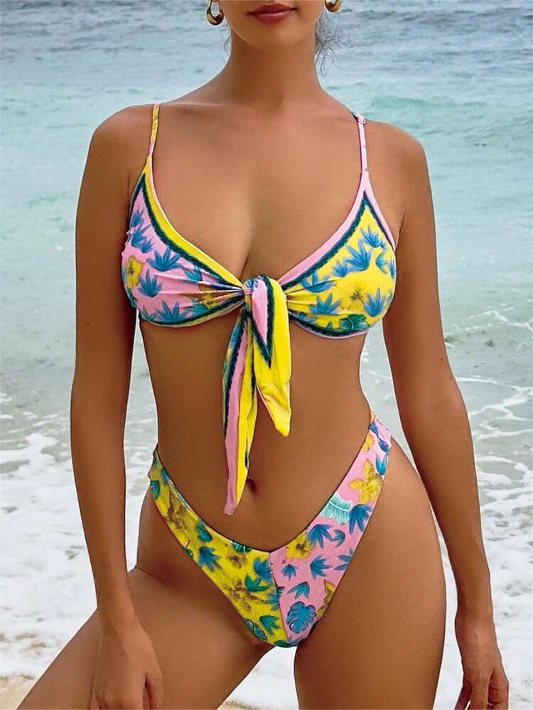 Women's Vacation Plant Printed Sexy Bikini Set With Front Tie Top And Print-Placed High Waisted Bottoms (Print Placement Of Top Is Fixed, Random Print Placement Of Bottoms) Summer