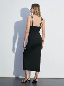 Maija Women's Summer Fashion Solid Color Slim Fit Split Strap Dress - Black - View 5