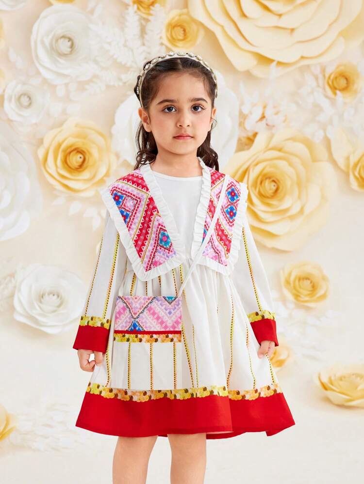 Young Girl Casual Printed Long Sleeve Dress With Shawl 2pcs/Set, Spring/Summer