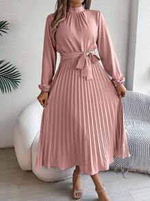 Real Shot Spring/Summer Elegant Ribbon Waist Pleated Dress - Pink - View 7