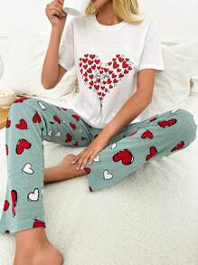 RueChic 2 pièces/Ensemble pyjama pour femmes avec haut imprimé cœur et bas de pyjama imprimés de cœur contrastants