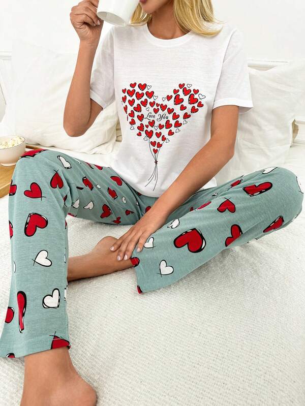 RueChic 2Pcs/Women Heart Print Top And Contrast Heart Printed Sleep Bottoms PJ Set