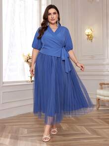 Mulvari Plus Size Solid Color Wrap Cross V-Neck Pleated Elegant Summer Dress With Shawl Collar - Dusty Blue - View 4