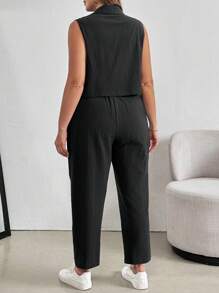 SHEIN Essnce Conjunto informal de verano de algodón y lino holgado para mujer talla grande, ropa de mujer de verano, estilo de dinero antiguo, conjunto de trabajo, blazer, conjunto de dos piezas con pantalones, ropa de maestra, conjuntos para salir, conjuntos de atuendos, conjunto de chaleco, casual de negocios talla grande en otoño/invierno - Negro - Ver 2