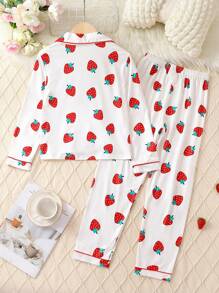 Tween Girl Strawberry Print Contrast Piping PJ Set - White - View 2