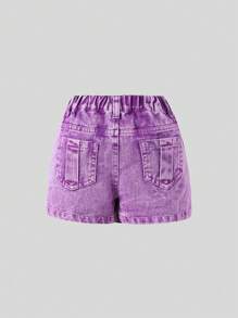 SHEIN Explorewe Young Girl Y2K Street Style Cool Purple Heavy Washed Denim Skorts With 2 In 1 Design, School, Campus, College Summer Holiday
