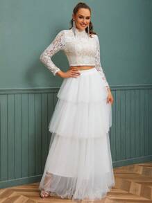 Bridal Gown White Elegant Wedding High Collar Long Sleeves Lace & Multi-Layered Tulle Design Two-Piece Top And Skirt Set - White - View 3