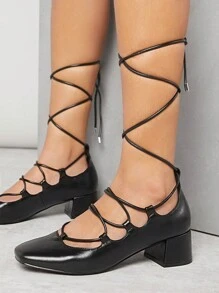 SHUZIA 女性純色帶子時尚甜美透氣高跟鞋 - 黑色 - 查看 3