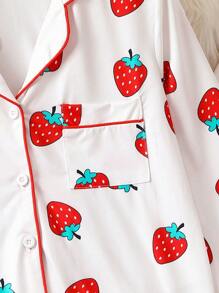 Tween Girl Strawberry Print Contrast Piping PJ Set - White - View 6