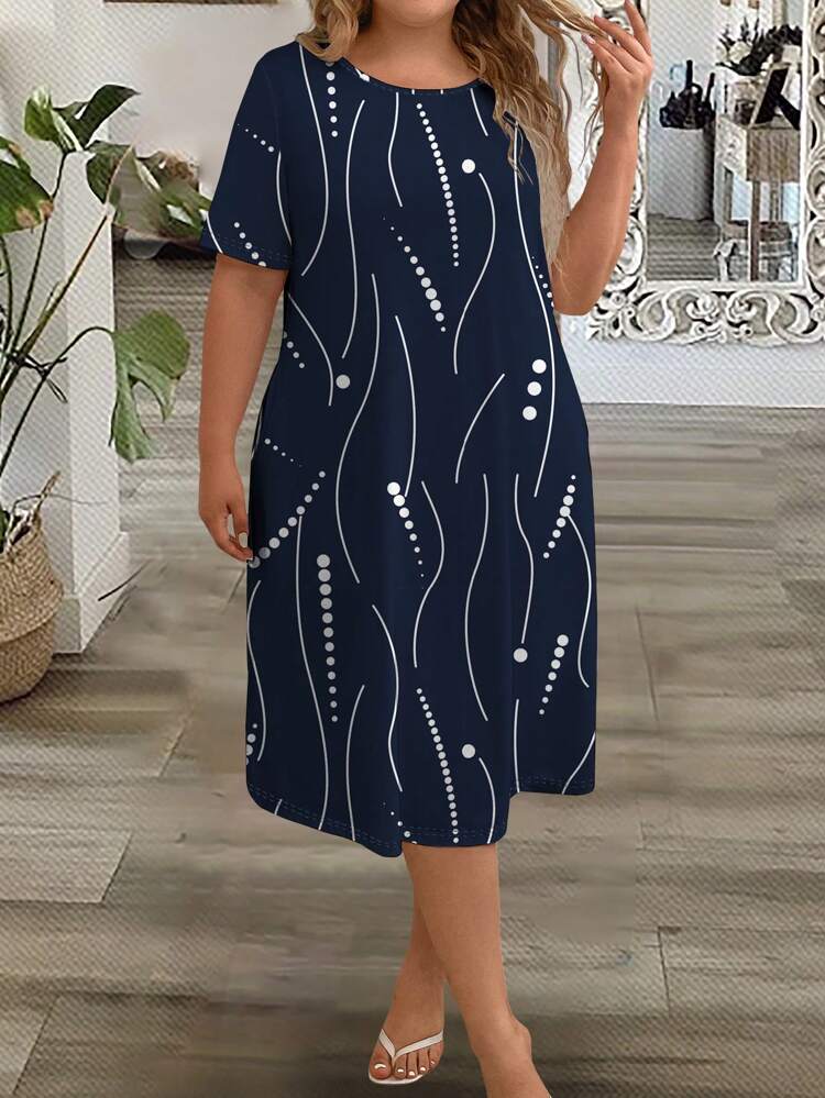 Casual Simple Plus Size Printed Round Neck Dress, Suitable For Summer Chic Dress,Vacation/Spring