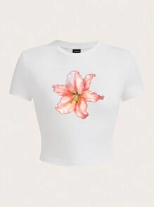 SHEIN EZwear Áo thun nữ cổ tròn tay ngắn họa tiết hoa loa kèn hồng đơn giản, màu trắng, thích hợp cho mùa hè, chất liệu cotton pha trộn - trắng - Xem 4