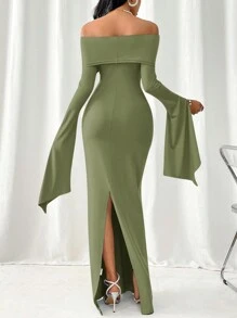 Firerie Women Off-Shoulder Bodycon Dress With Collar, Long - Green - View 2