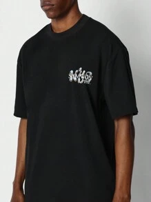 SUMWON 常规版型泡泡背图案印花短袖 T 恤 - 黑色 - 查看 3