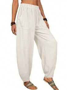 INAWLY 女士假期休閒素色提花褲 - 杏色 - 查看 1