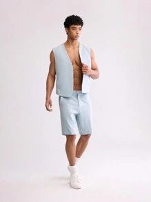 Forever 21 男裝夏季休閒簡約斜口口袋短褲 - 霧霾藍 - 查看 3