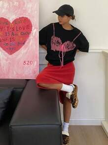 DAZY 女式夏季印花圆领落肩宽松图案T恤超大码T恤 - 黑色 - 查看 6