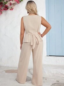 SHEIN Frenchy Plus Size Solid Color Sleeveless Top And Wide Leg Pants Two Pieces Set For Vacation And Leisure - Khaki - View 2