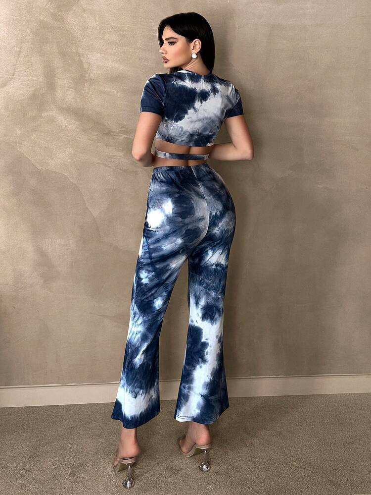 Women's Fashionable Tie-Dye Printed Short Sleeve Top And Long Pants Set