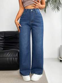 SHEIN EZwear Quần jean ống đứng thông thường dành cho nữ, denim đã giặt - Màu xanh lam - Xem 1