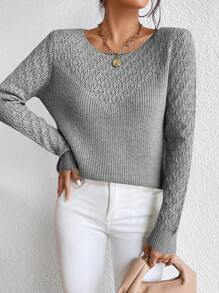 RueChic Solid Pointelle Knit Sweater - Grey - View 5