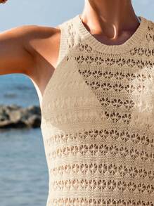 SHEIN Swim Women's Solid Color Backless Sleeveless Beach Cover-Up Dress,Summer Beach - Ginger - View 3