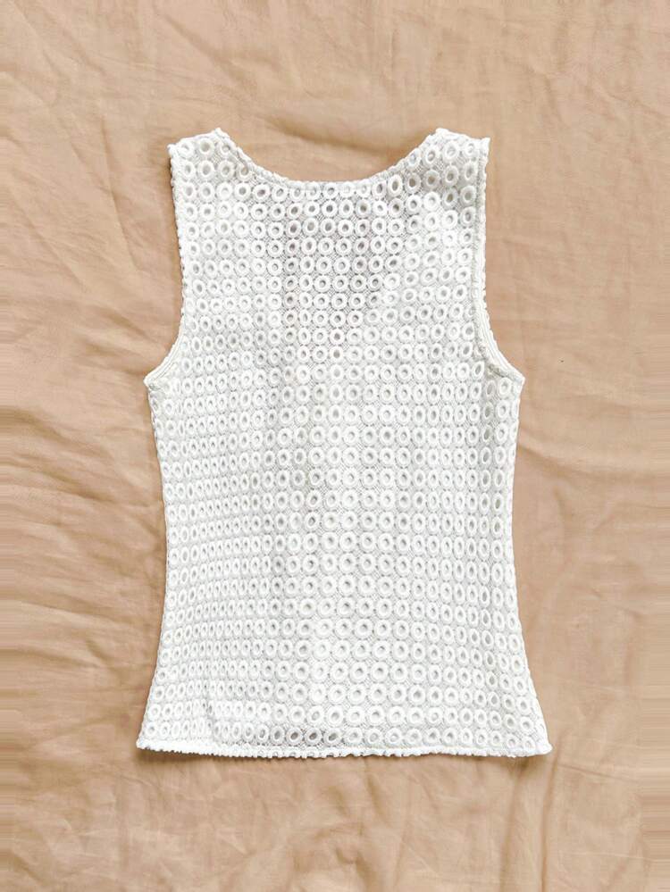 Women's Summer Vacation Beach Casual, Great For Easter, Back-To-School, Graduation, Party, Lunch, Garden Tea; Lovely Sleeveless Vest With Hollow Texture, Water-Soluble Embroidery, Loose Fit In White Color