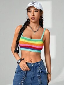 SHEIN EZwear 彩虹針織吊帶上衣，女士街頭穿搭春夏必備 - 彩色 - 查看 7