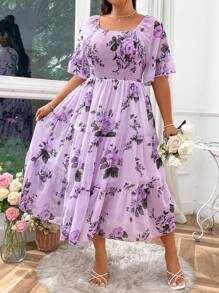 SHEIN LUNE Đầm dài nhẹ cổ vuông họa tiết hoa Boho cỡ lớn cho nữ, trang phục mùa hè - Màu tím - Xem 7