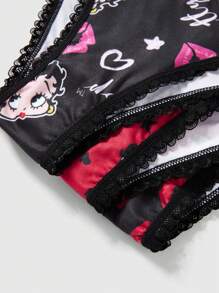 Betty Boop | ROMWE Cartoon And Lips Print Lace Trim Triangle Panties Set - Multicolor - View 3