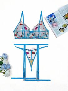 Conjunto de lencería transparente de malla bordada y con soporte para tallas grandes de 5 piezas - Multicolor - Ver 1