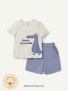 Cozy Pixies 嬰兒男童卡通鱷魚圖案短袖圓領T恤和純色短褲組合套裝，夏季 - 藍色 - 查看 1