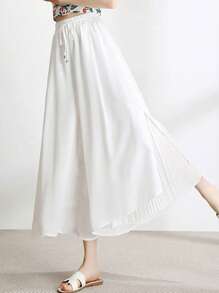 SHEIN Essnce Pantalones de palazzo plisados de cintura alta de gasa para mujer con aberturas laterales, adecuados para el palacio - Blanco - Ver 7