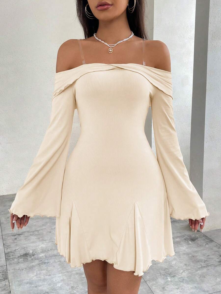 SHEIN Privé 夏季優雅露肩純色波浪袖裙 - 杏色 - 查看 1