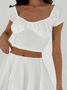 Aloruh Women's Crop Sleeve Square-Necked Puff Sleeve Crop White Shirt For A Romantic Date - White - View 4