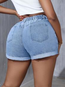 SHEIN SXY Plus Size Women's Cuffed Hem Casual Denim Shorts With Pockets
