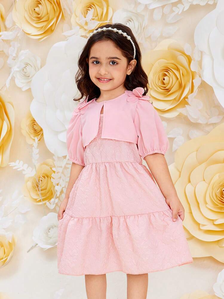 Young Girl Pink Lady Flower Decor Short Sleeve Cardigan And Spaghetti Strap Dress 2pcs/Set