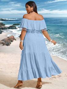 Breezaya 大码假日海滩纯色露肩流苏装饰长裙超长女装 - 藍色 - 查看 2