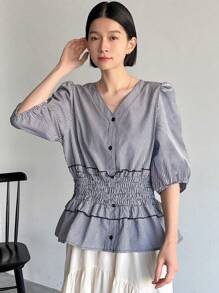 FRIFUL Women Striped V-Neck Lantern Sleeve Loose Blouse With Waist Drawstring, Spring/Summer,Ruffle - Black and White - View 4