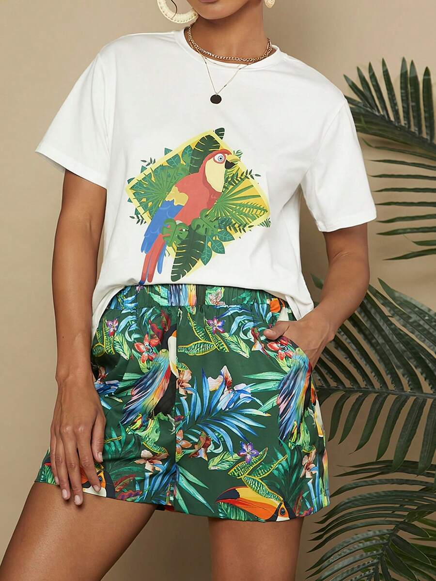 Travachic Bộ 2 món thường ngày dành cho nữ nhiệt đới in hình cây nhiệt đới và quần short đi nghỉ - Nhiều màu - Xem 1