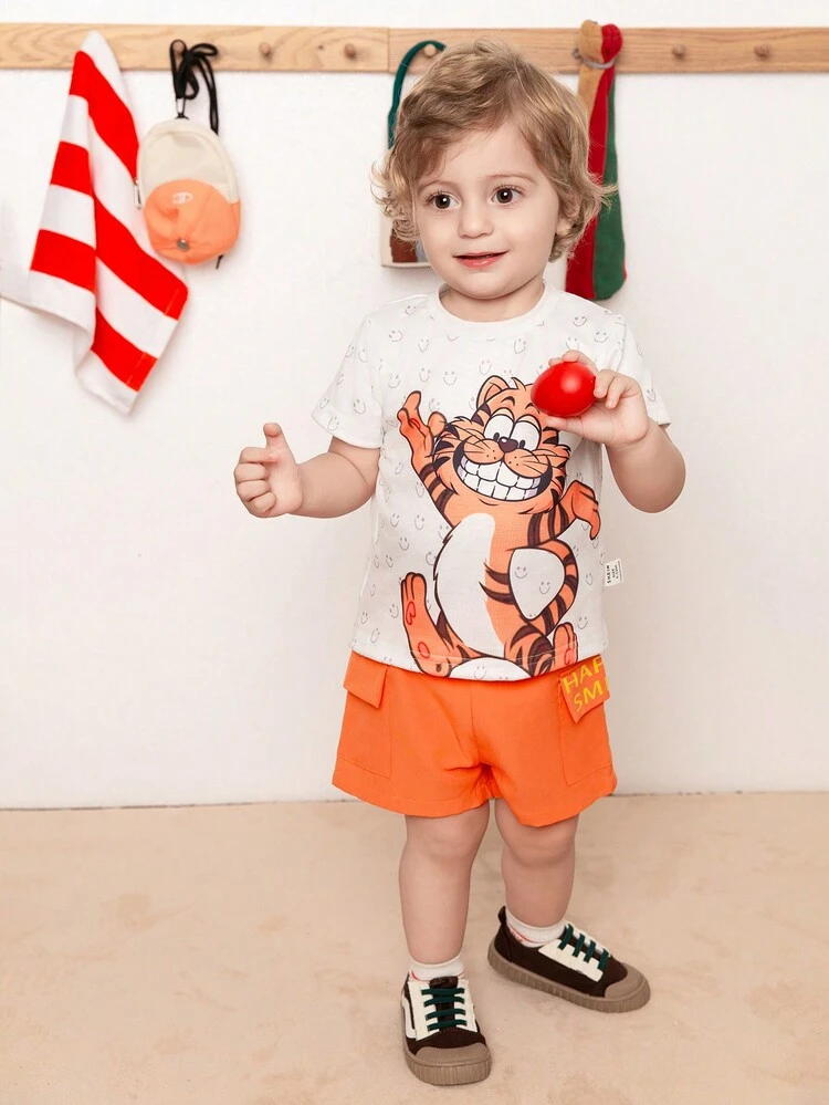 2pcs Baby Boys' Casual Cute Tiger Pattern Printed Outfit Set For Daily Wear And Home, Spring/Summer