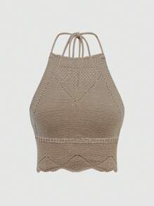 Pariaura 女士春夏新款吊带颈挂式度假上衣，法式优雅休闲百搭气质，适合户外通勤约会穿着。 - 卡其色 - 查看 2