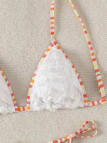 Swim Mod 女士海灘度假帶荷葉邊修飾條紋比基尼套裝 - 白色 - 查看 5