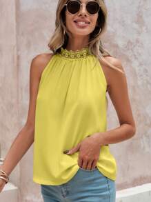 EURMUSE Guipure Lace Panel Keyhole Back Halter Top