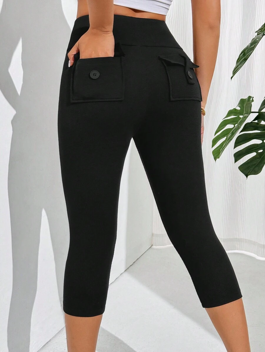 SHEIN Essnce Leggings pour femmes décontractés à taille large et poches retournées de couleur unie