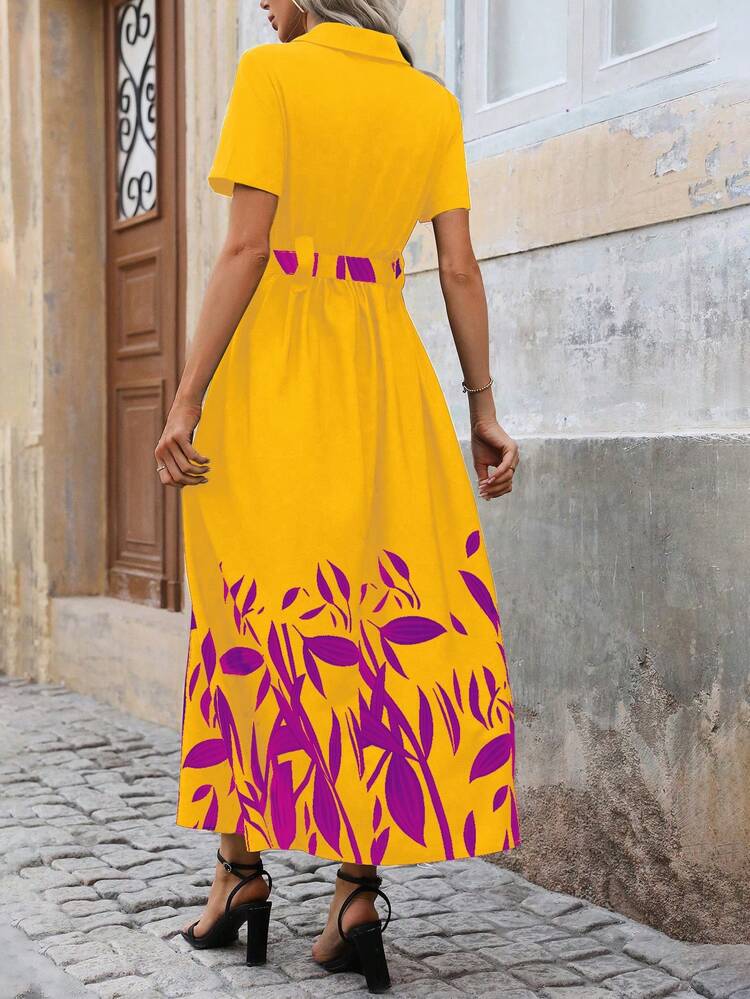 Allover Print Front Buttoned Short Sleeve Dress With Lapel, Summer