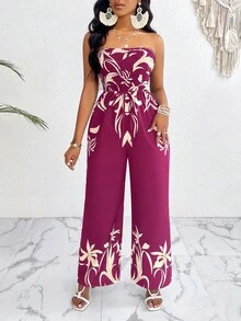 SHEIN Slayr 帶束帶和花卉葉子印花寬腿連身褲 - 玫紅色 - 查看 6