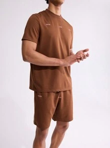 Forever 21 Men's Summer Letter Printed Round Neck Short Sleeve Casual T-Shirt And Drawstring Waist Shorts Set - Brown - View 4